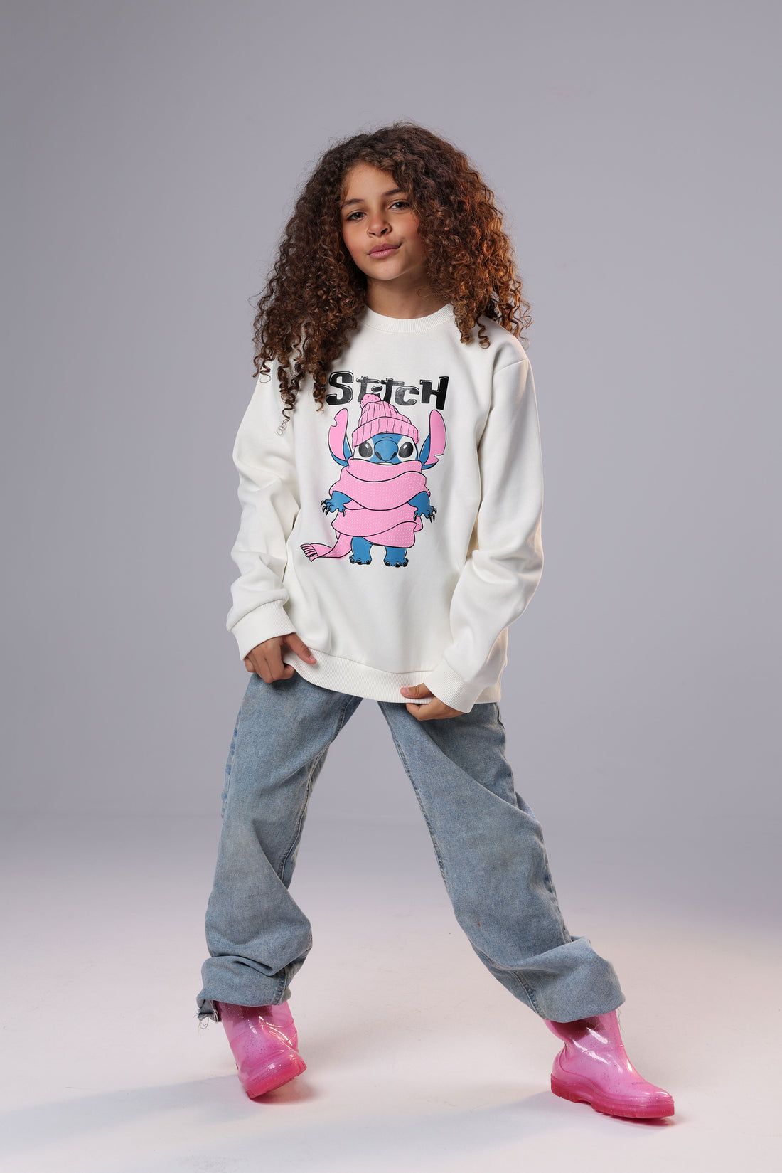 Kids Stitch Zip-Up Hoodie – Black Cartoon Print Jacket for Girls