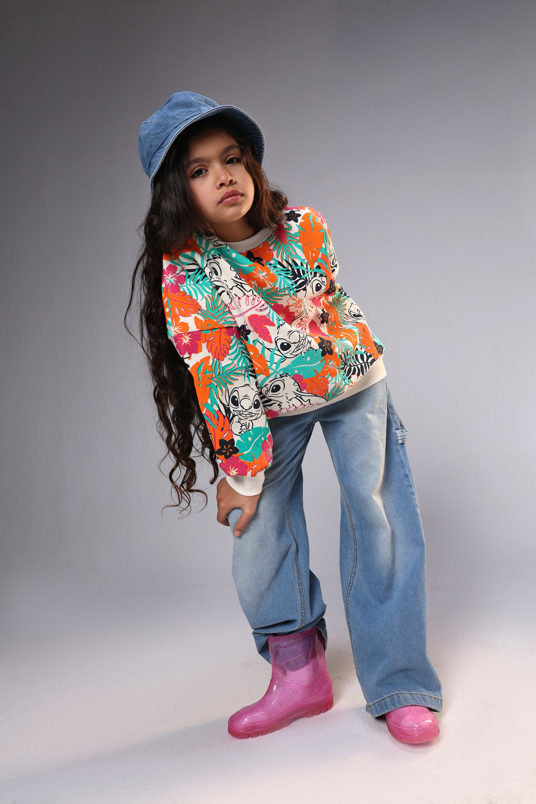 Girls Colorful Stitch Sweatshirt – Vibrant & Playful Tropical Print