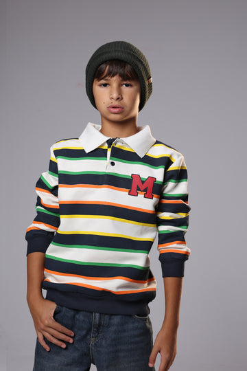 Kids Striped Polo Sweatshirt Melton – Long Sleeve Cotton melton Top