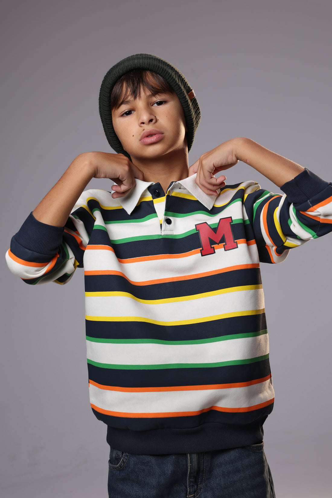 Kids Striped Polo Sweatshirt Melton – Long Sleeve Cotton melton Top