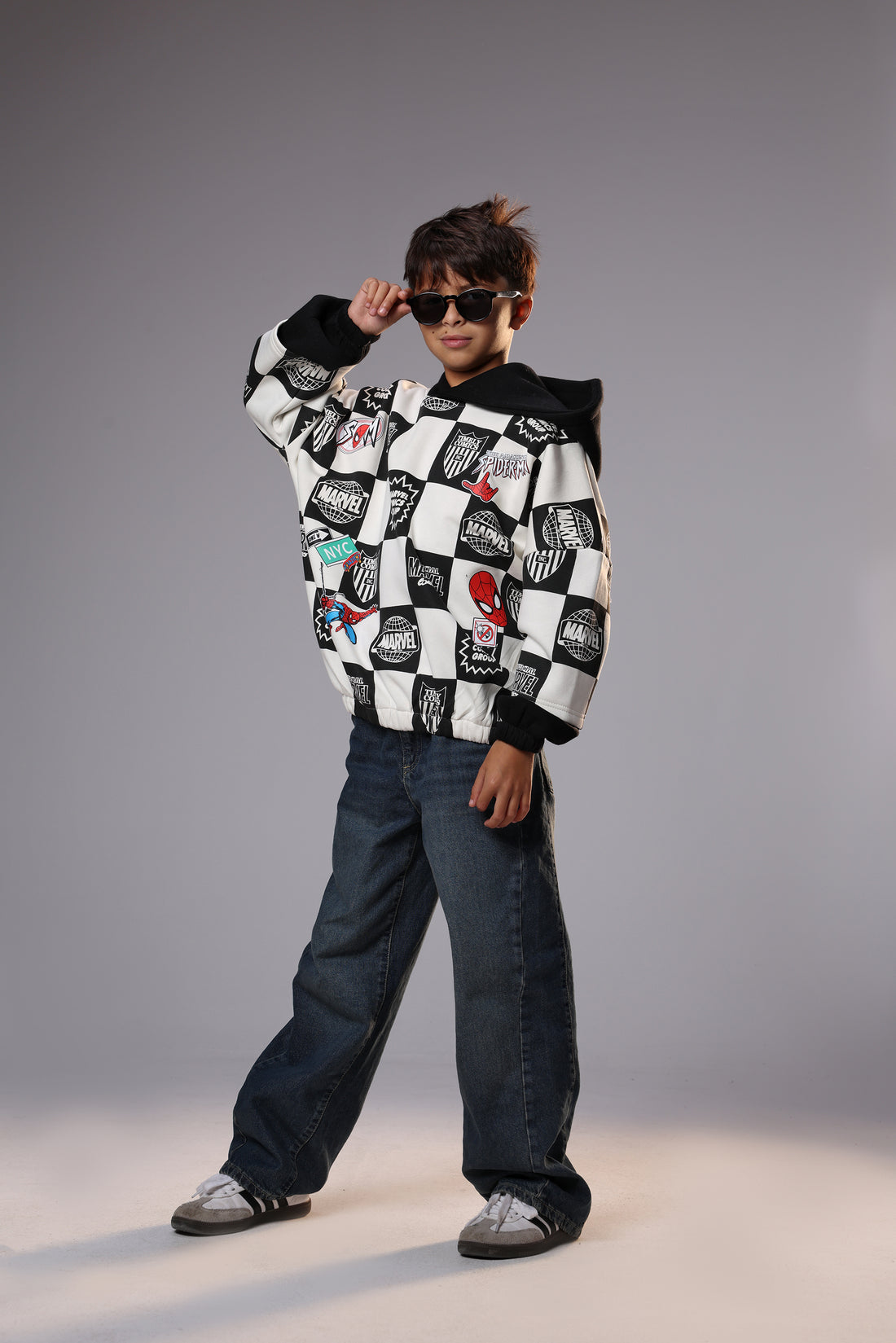 Kids Marvel Checkered Hoodie – Black & White | Official Comics Print