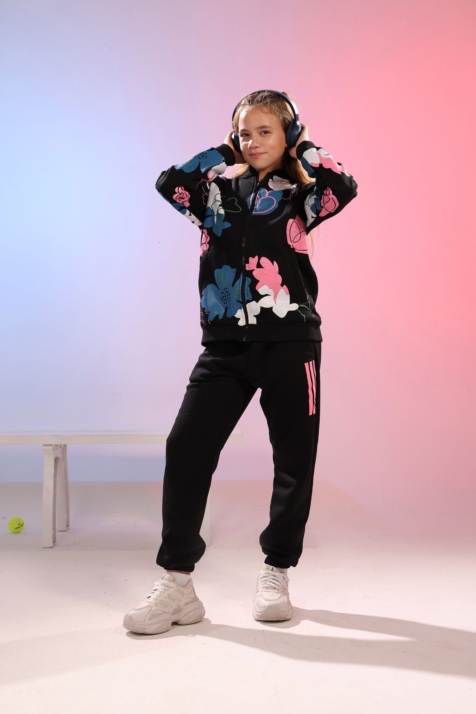 Kids Floral Sports Set – Black Base with Colorful Print