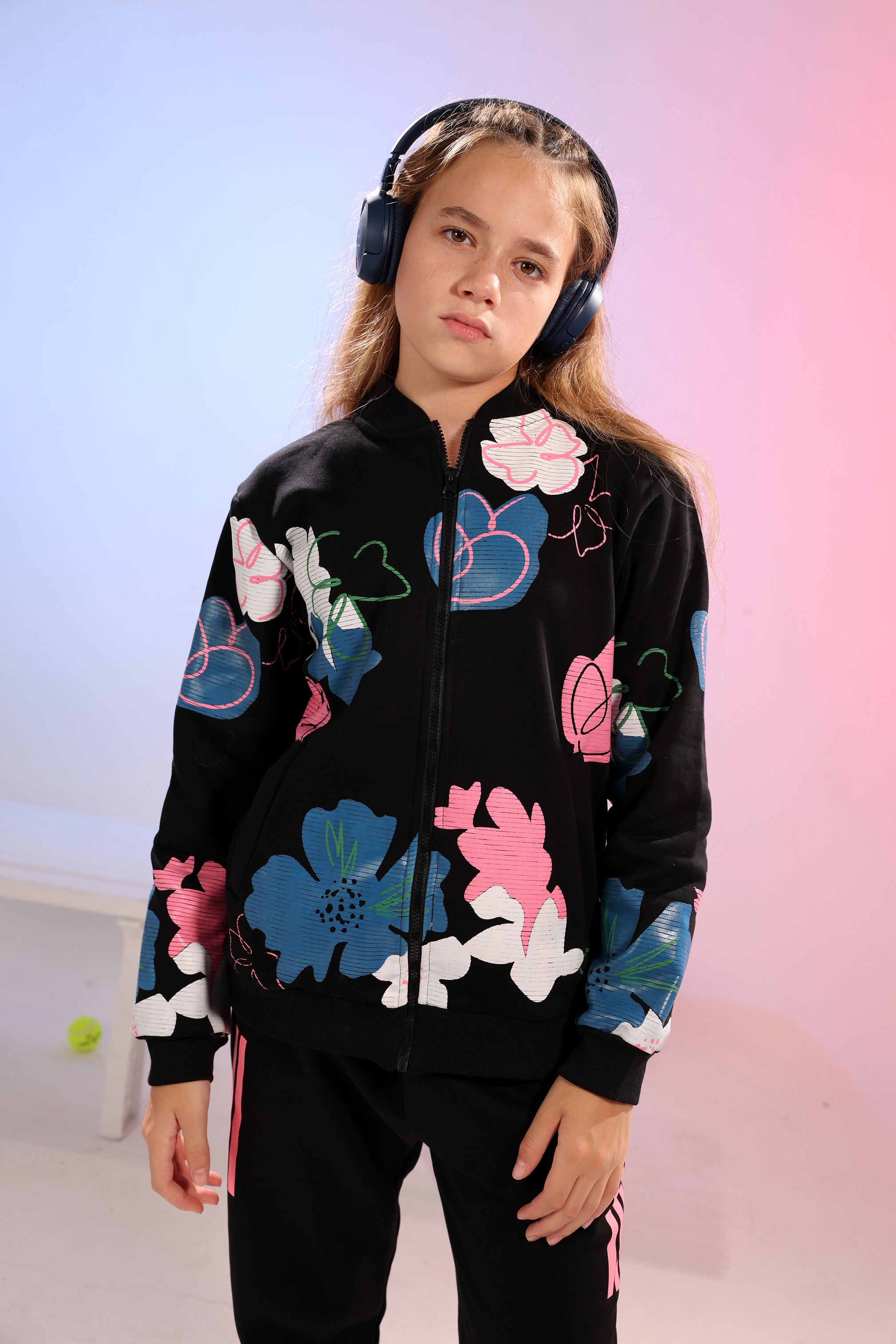 Kids Floral Sports Set – Black Base with Colorful Print