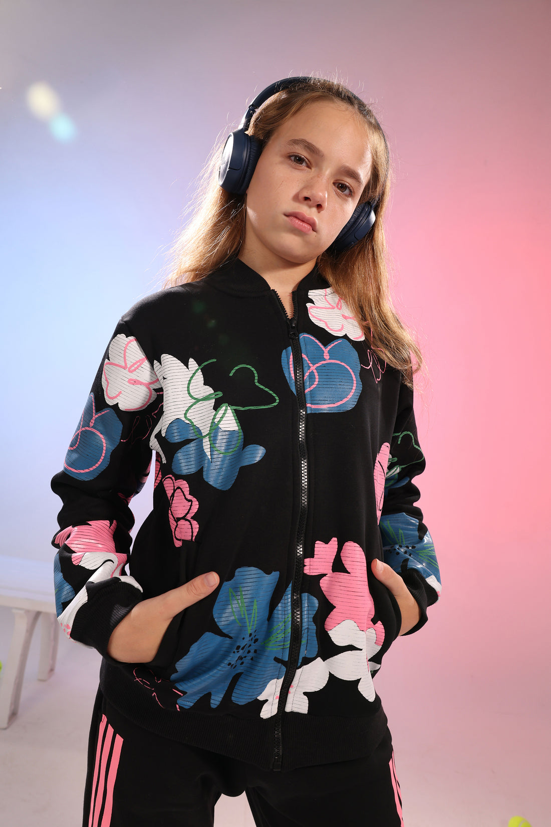 Kids Floral Sports Set – Black Base with Colorful Print