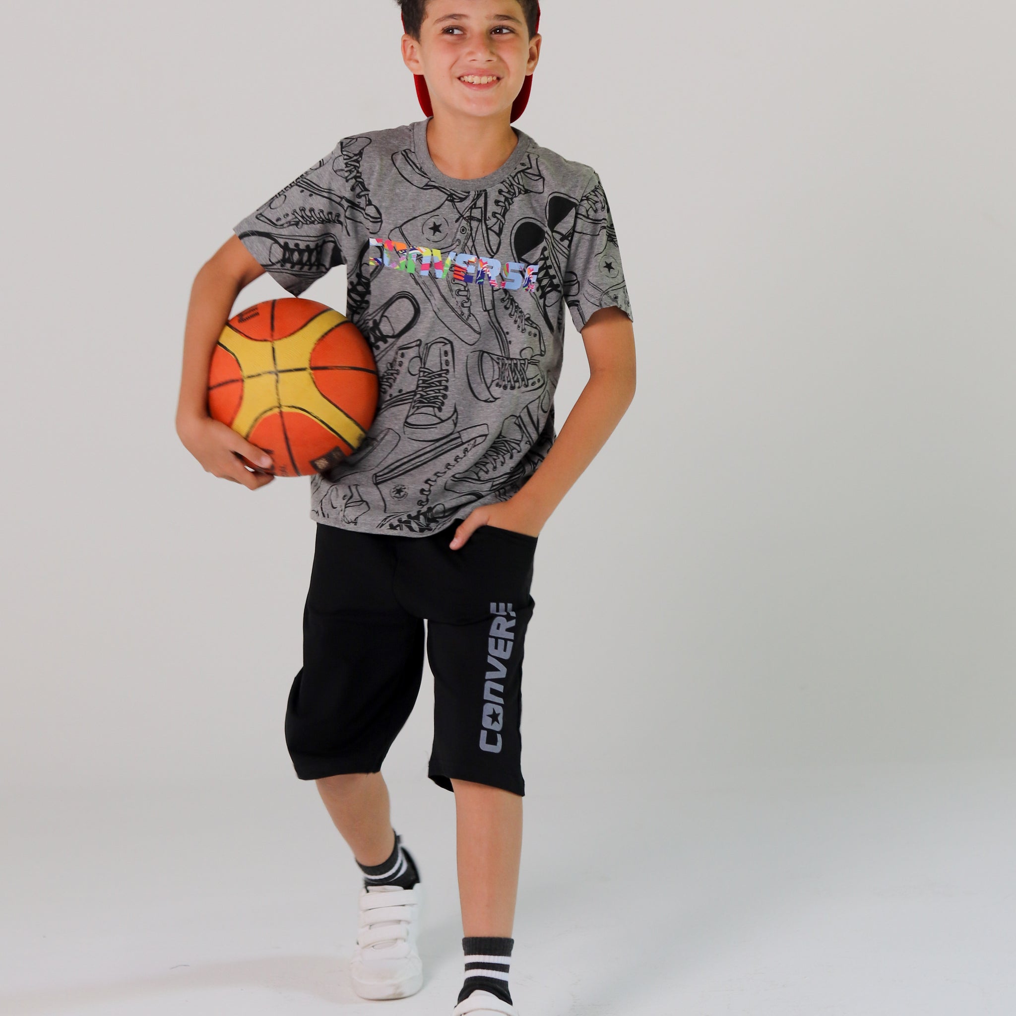 Boys’ Converse Graphic Sports Set – Grey Tee & Black Shorts for Basketball & Play