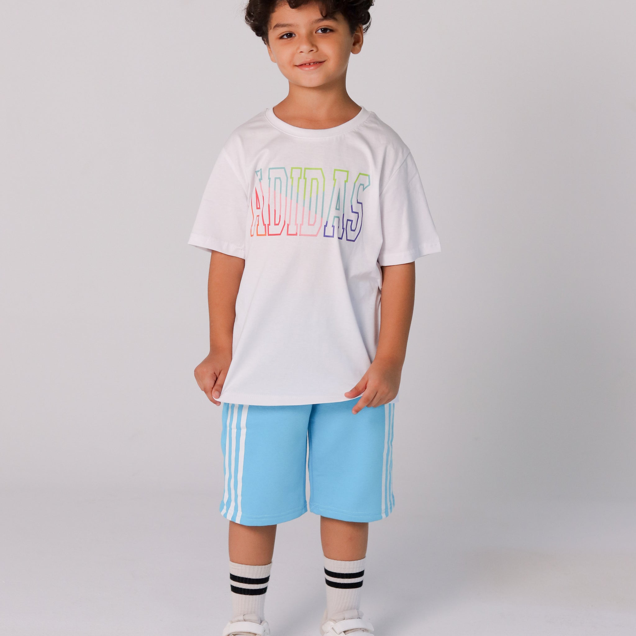 Adidas Boys’ Summer Set – White Rainbow Logo Tee & Aqua Blue Shorts