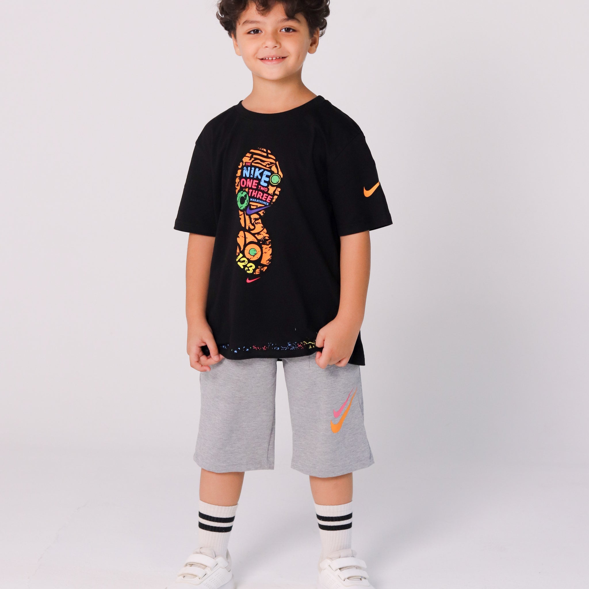 Boys' Black Nike T-Shirt with Footprint Print & Light Grey Shorts Set