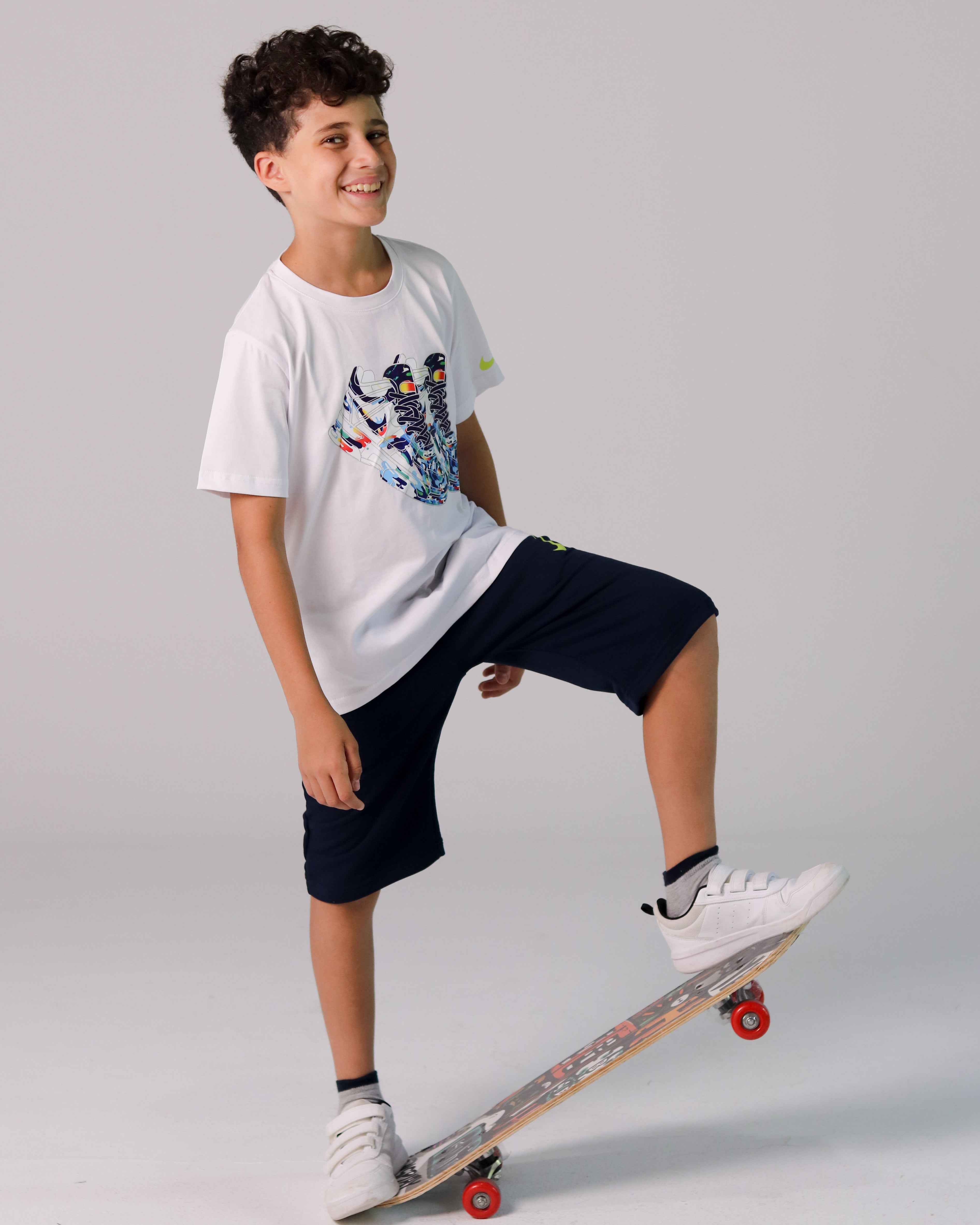 Boys' White T-Shirt with Blue Sneaker Print & Navy Shorts Set