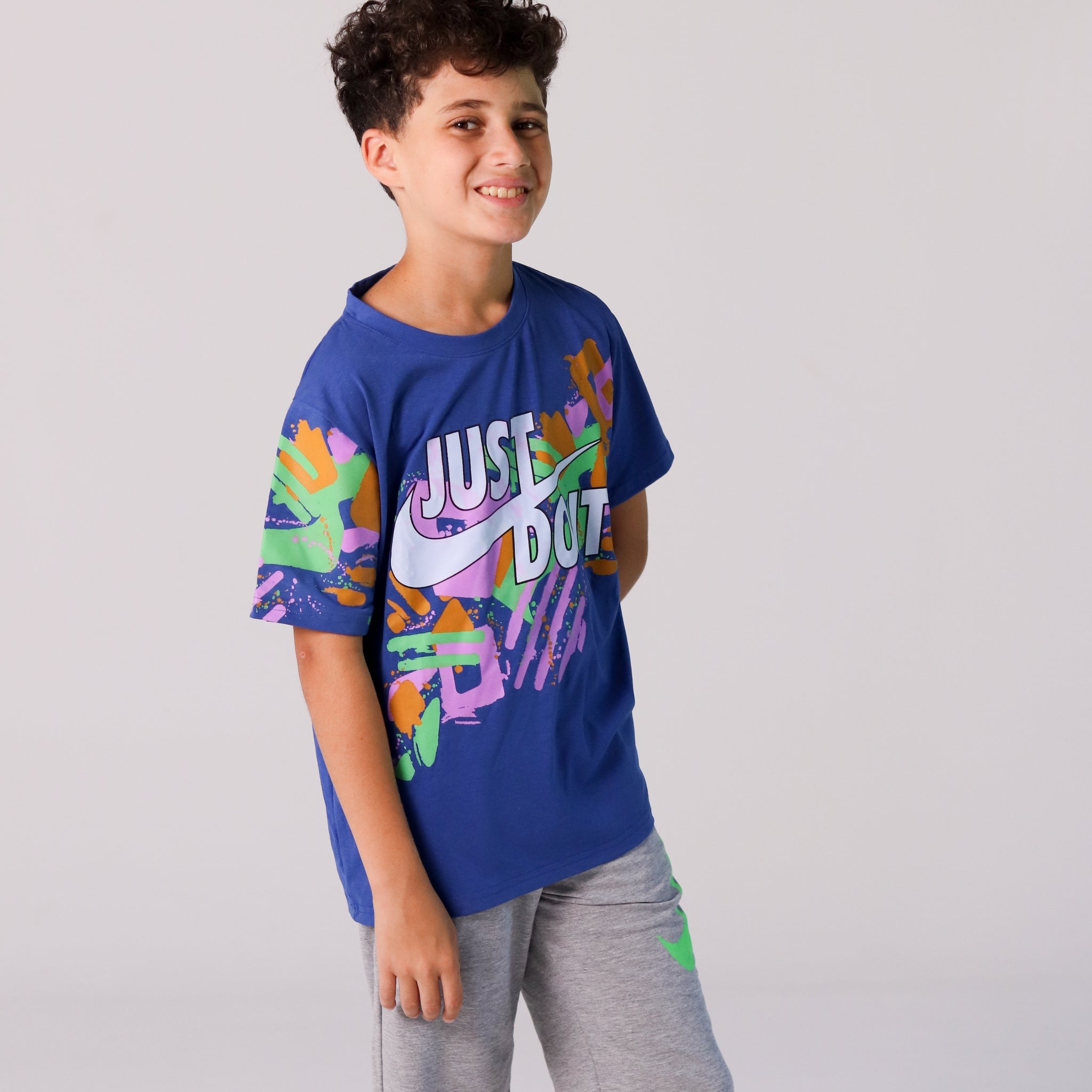 Nike-Inspired Boys’ Graphic Tee Set – "Just Do It" Blue T-Shirt & Grey Shorts