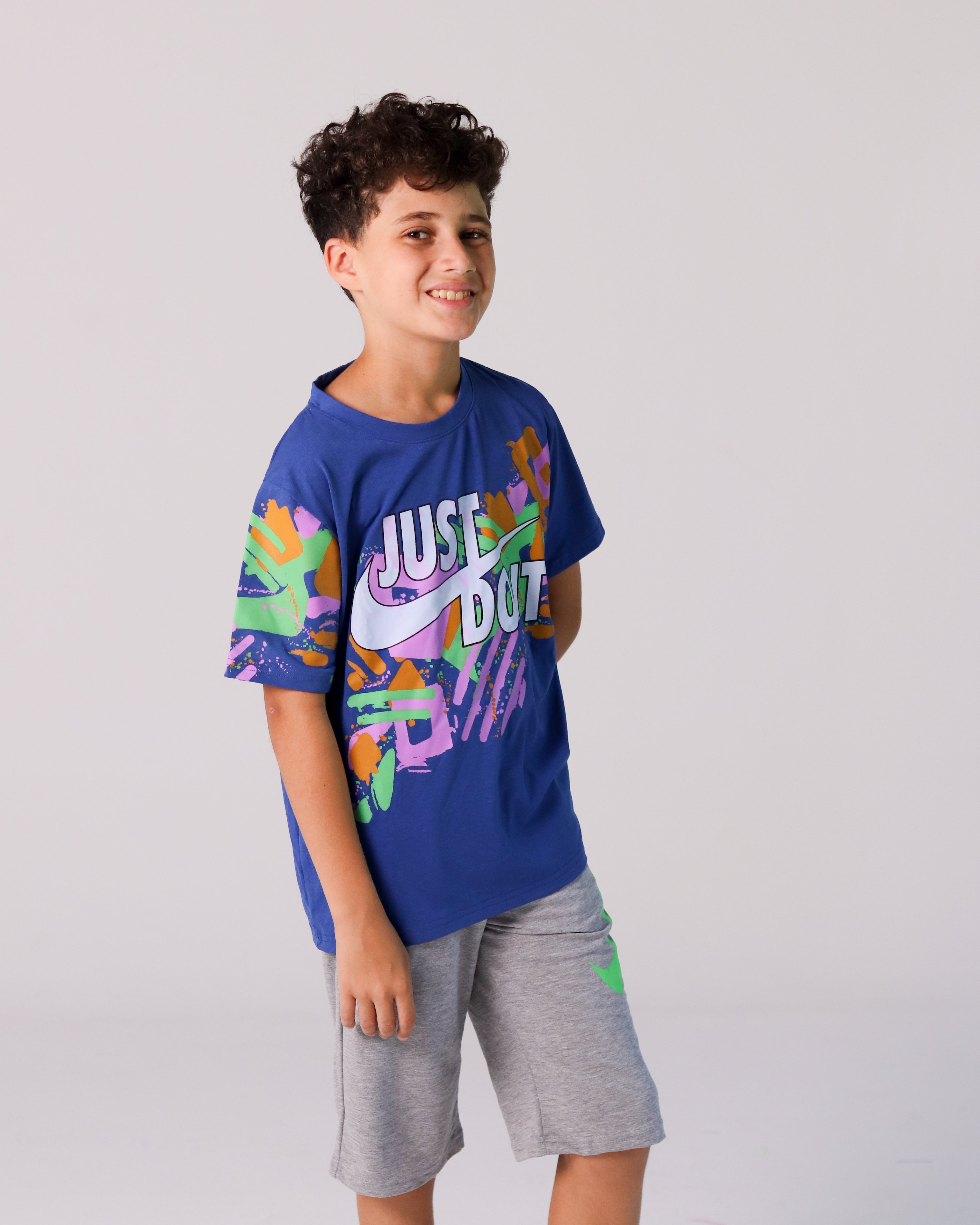 Nike-Inspired Boys’ Graphic Tee Set – "Just Do It" Blue T-Shirt & Grey Shorts
