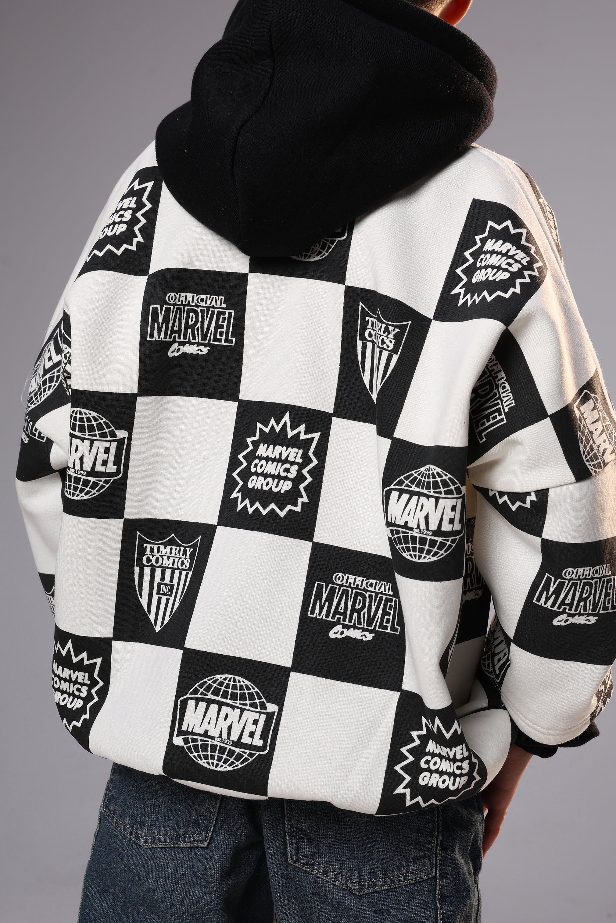 Kids Marvel Checkered Hoodie – Black & White Comics Print