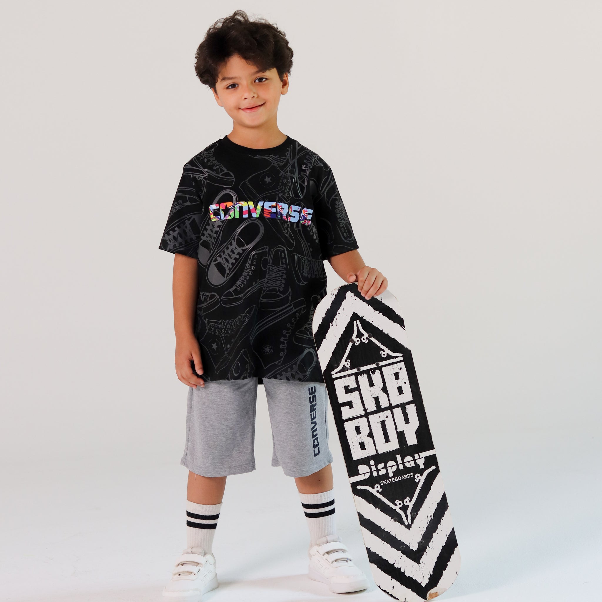 Boys’ Converse Graphic Sports Set – Grey Tee & Black Shorts for Basketball & Play