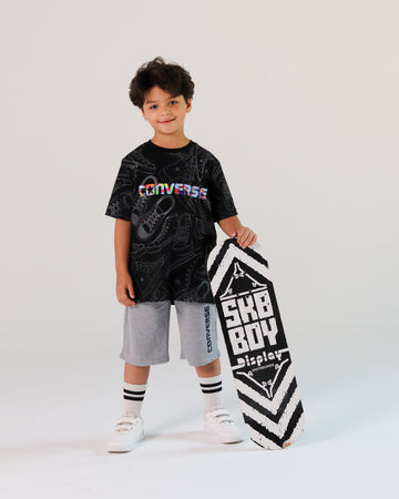 Boys’ Converse Graphic Sports Set – Grey Tee & Black Shorts for Basketball & Play