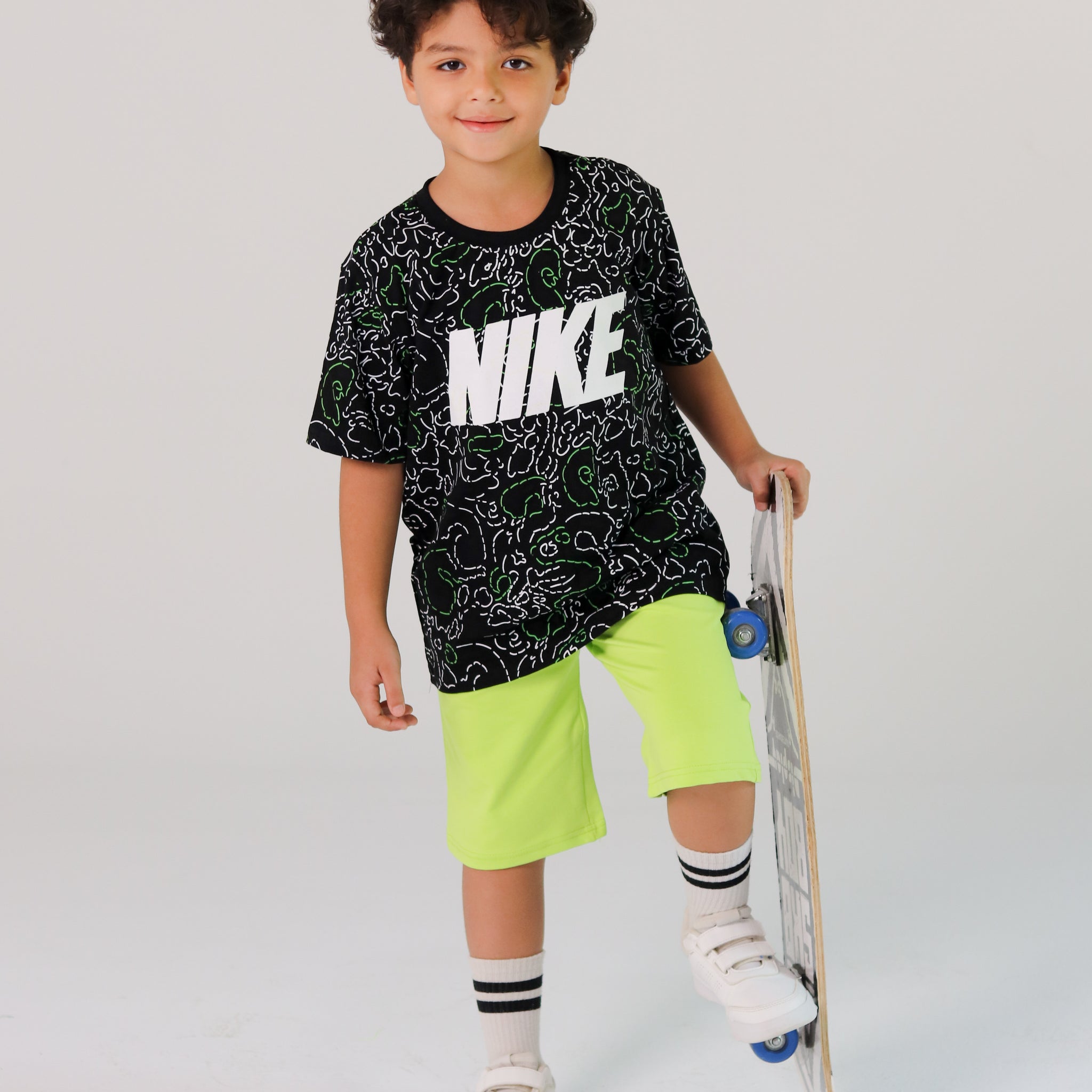 Nike Boys' Neon Green Active Set – Printed Black Tee & Shorts