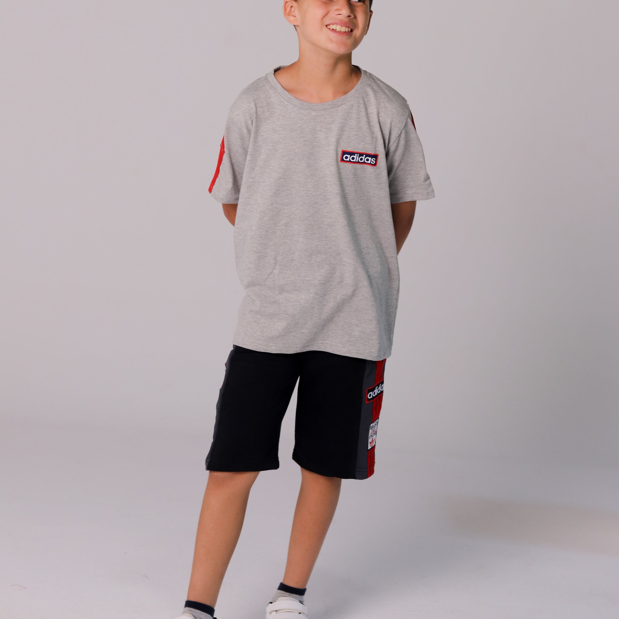 Adidas-Inspired Boys’ Summer Set – grey Tee with red Stripes & black Shorts