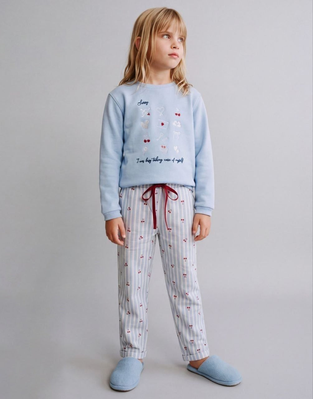 Girls’ Sweet Cherry Blue Sweatshirt & Printed Pants Set
