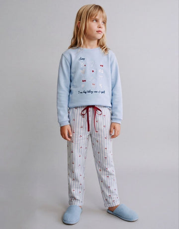 Girls’ Sweet Cherry Blue Sweatshirt & Printed Pants Set