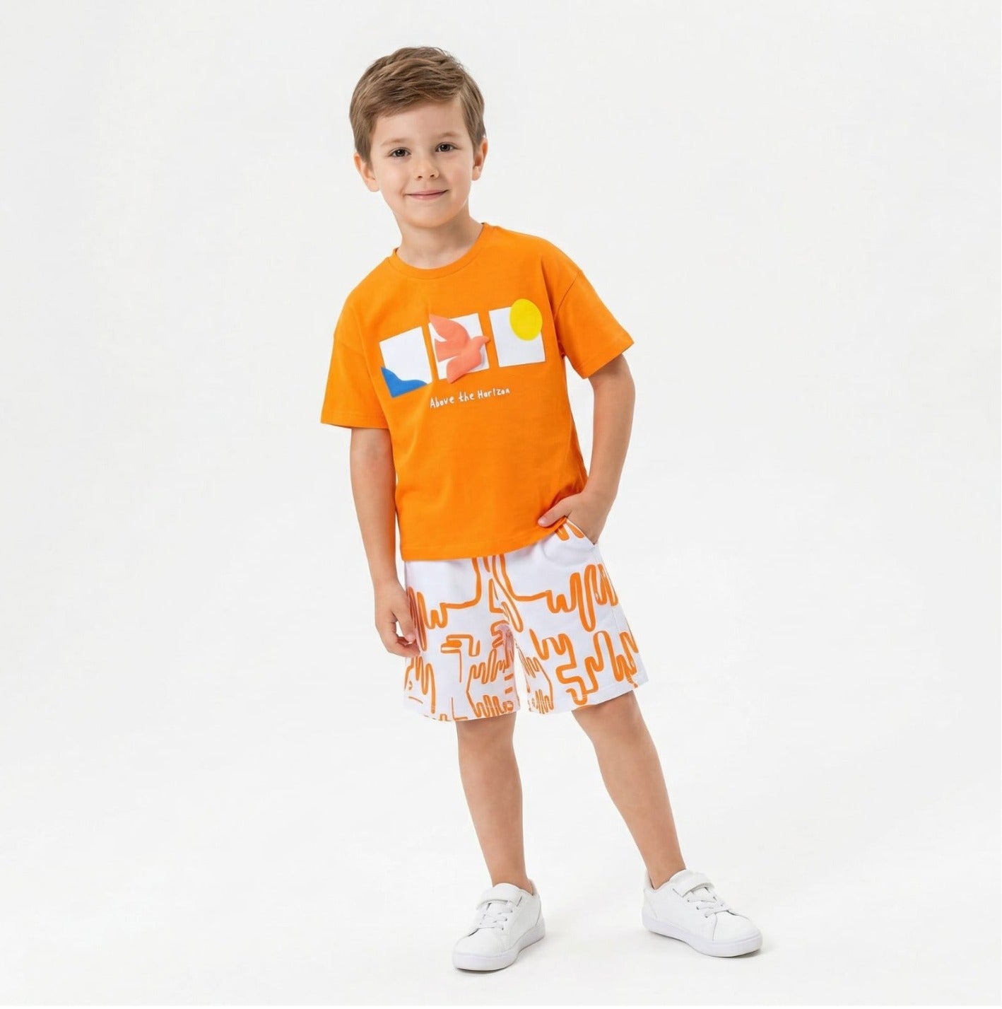 Boys Orange Summer T-Shirt & Printed Shorts Set – Above the Horizon