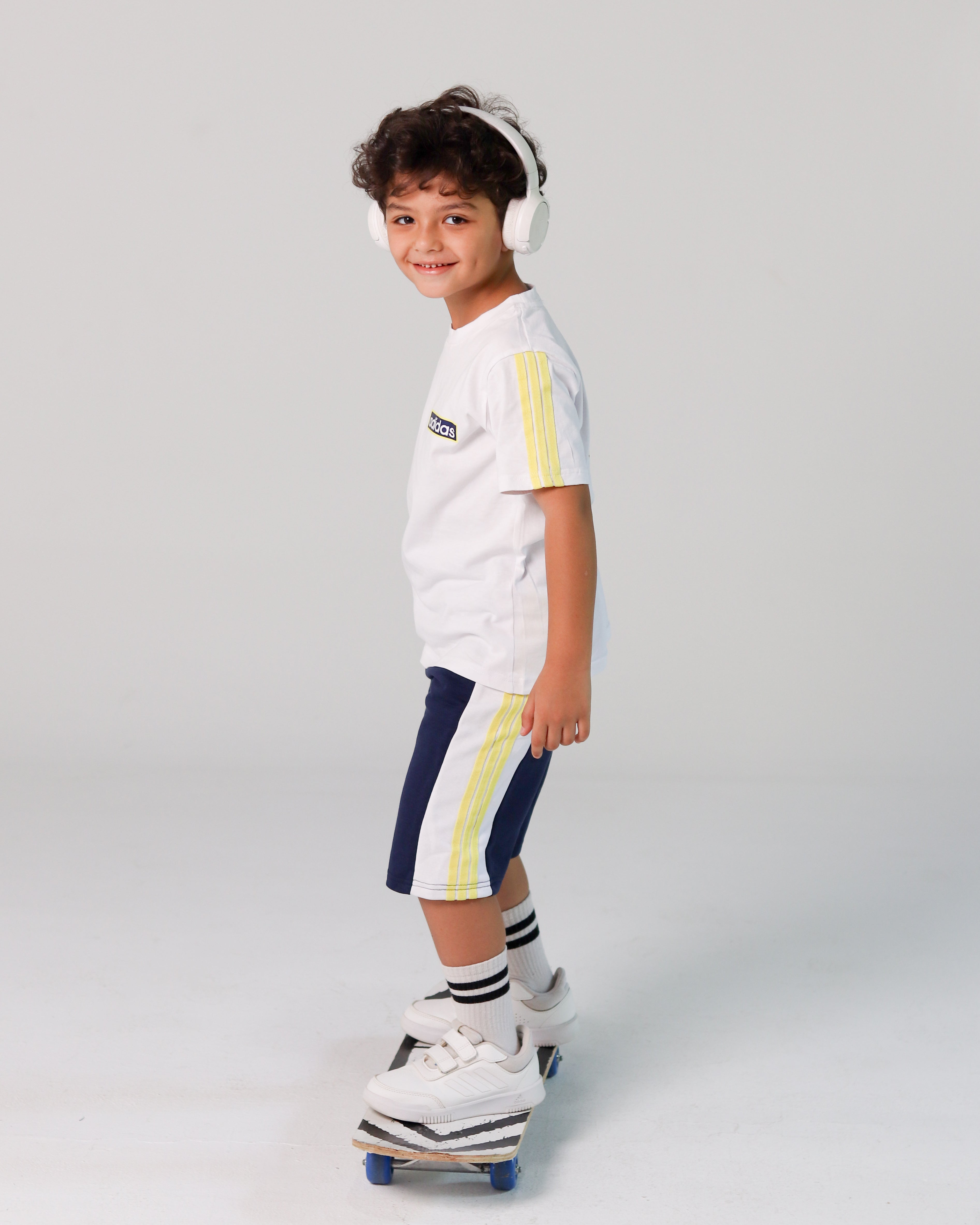 Adidas-Inspired Boys’ Summer Set – White Tee with Yellow Stripes & Navy Shorts