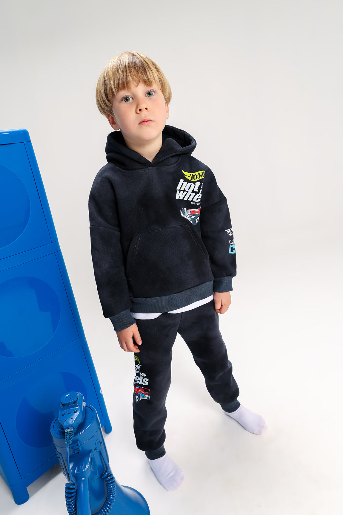 Boys’ Hot Wheels Melton  Cotton Tracksuit – 2-Piece Hoodie & Pants Set (Black)