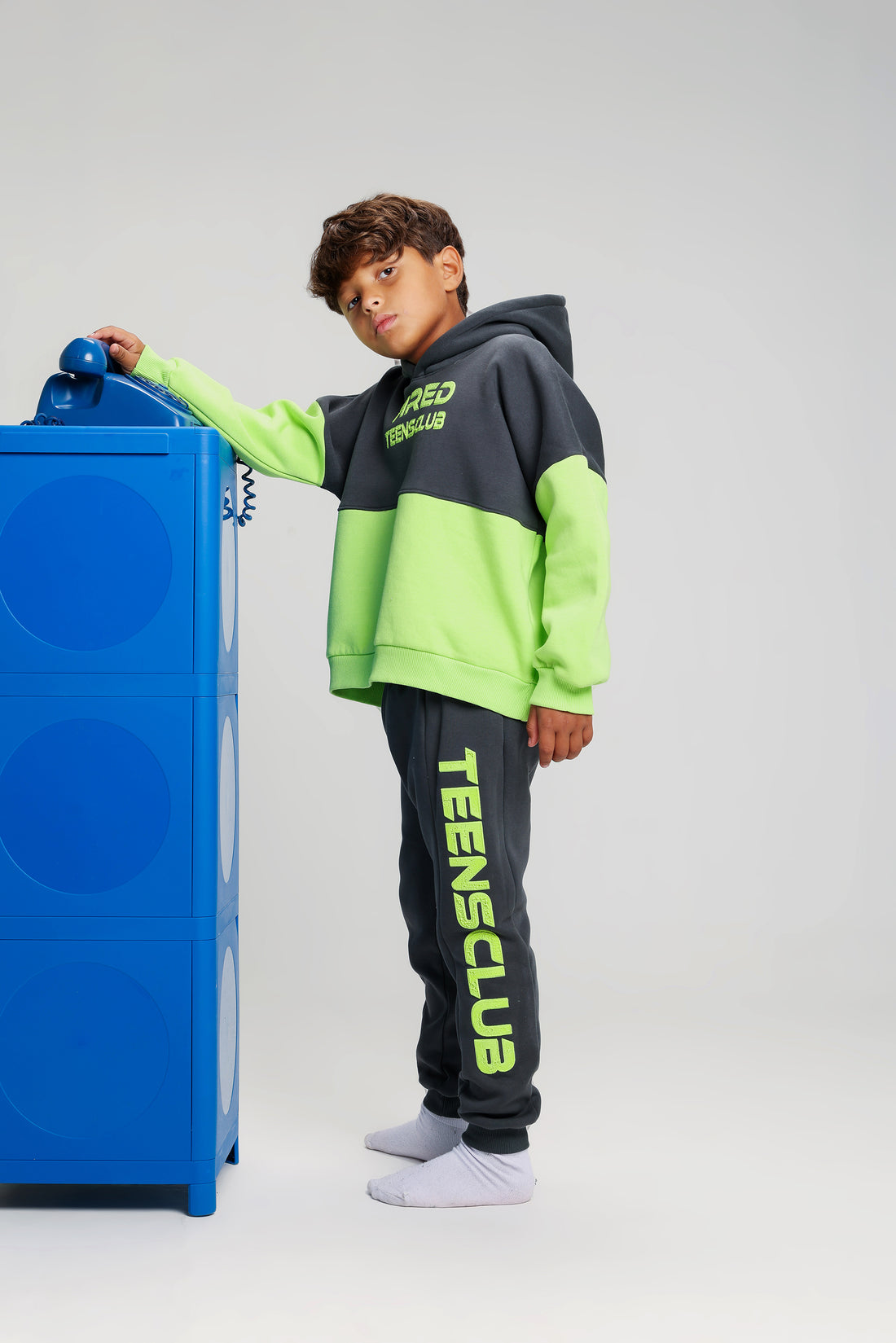 Boys’ GREY & LEMON Melton Cotton Winter Tracksuit – “Tired Teens Club” Printed Hoodie & Pants Set