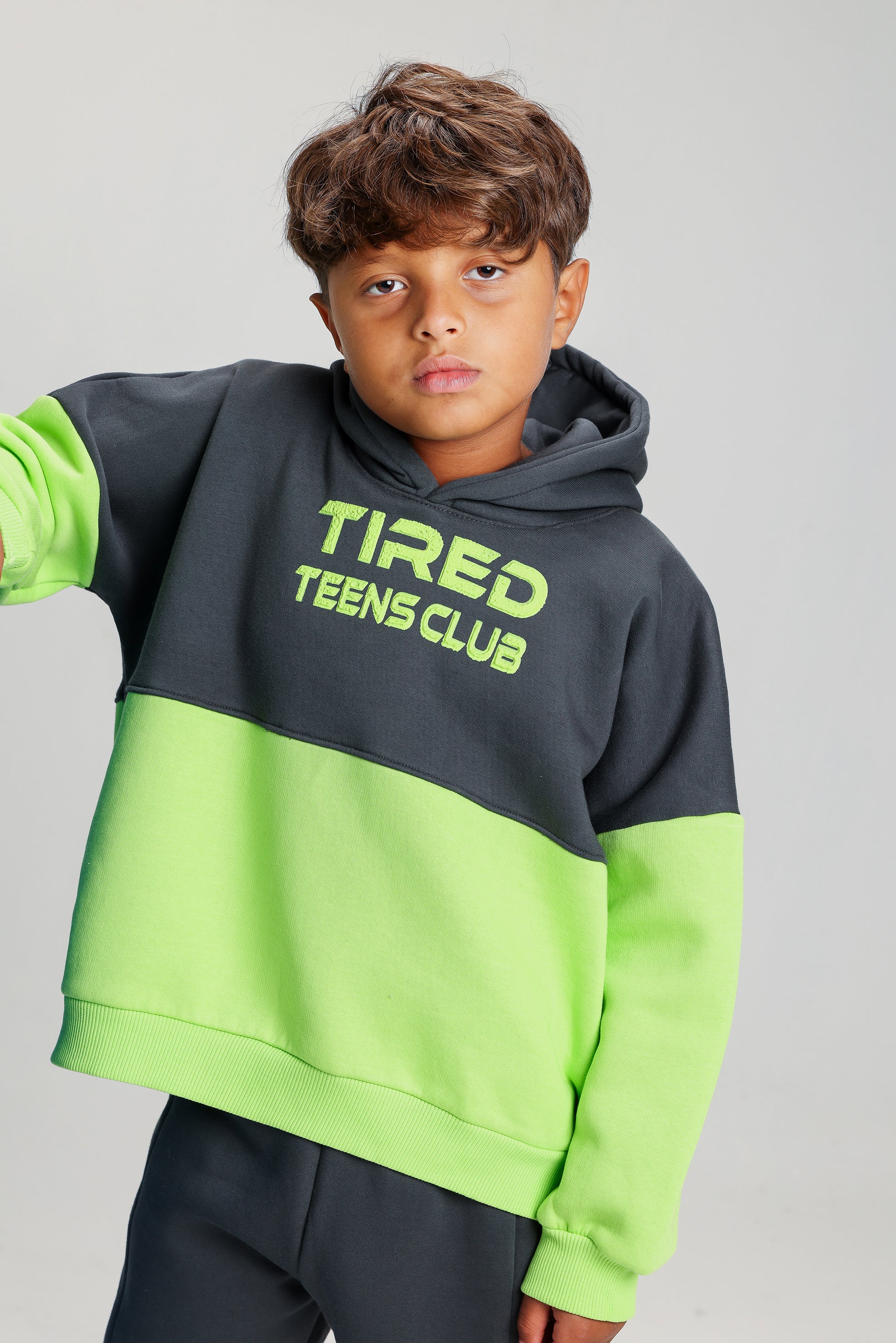 Boys’ GREY & LEMON Melton Cotton Winter Tracksuit – “Tired Teens Club” Printed Hoodie & Pants Set