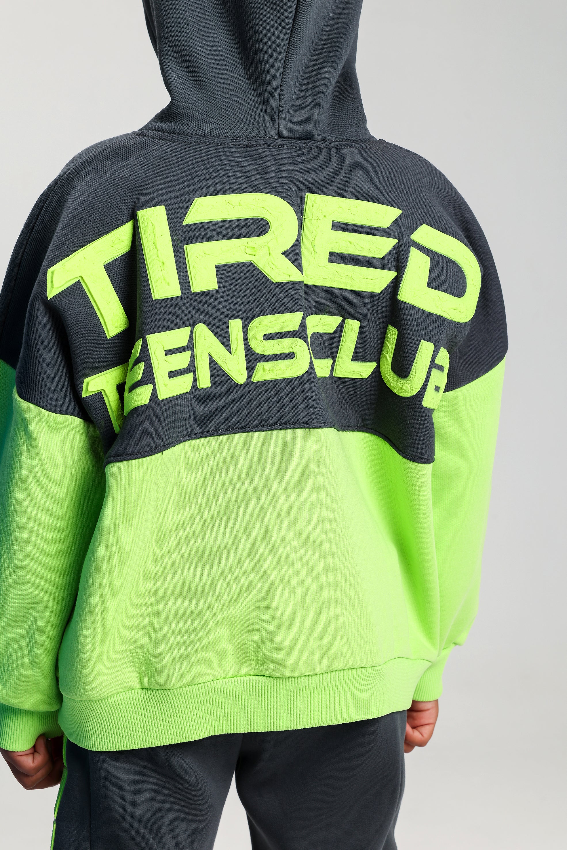 Boys’ GREY & LEMON Melton Cotton Winter Tracksuit – “Tired Teens Club” Printed Hoodie & Pants Set