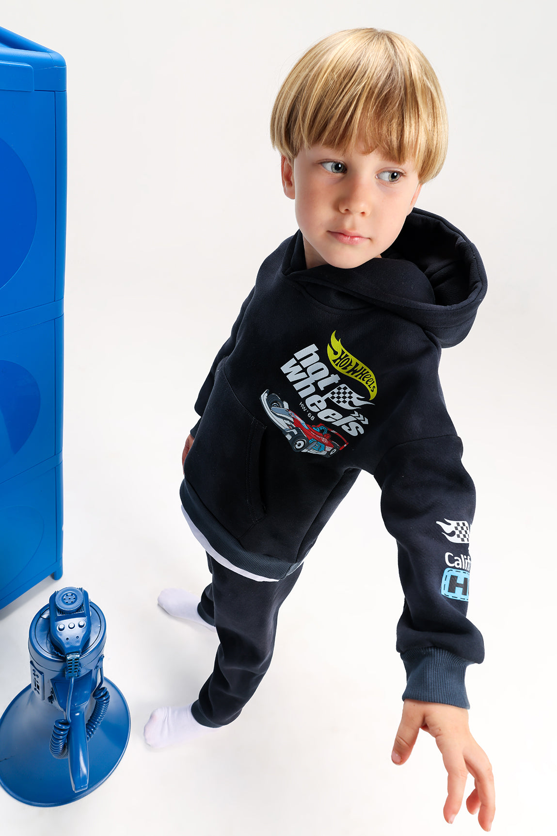 Boys’ Hot Wheels Melton  Cotton Tracksuit – 2-Piece Hoodie & Pants Set (Black)