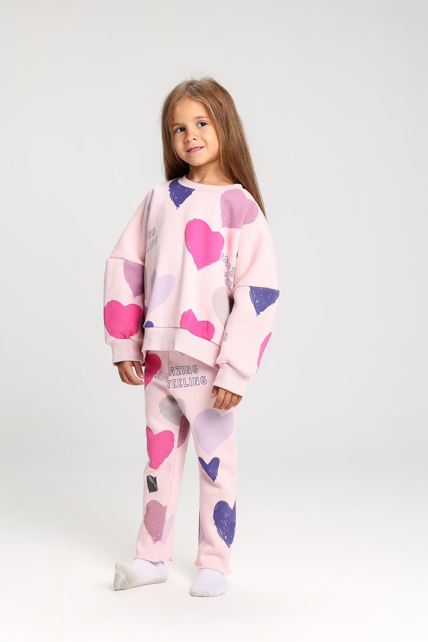 Amazing Feeling Pink Heart Print Kids Melton Tracksuit – Soft, Fun & Full of Color