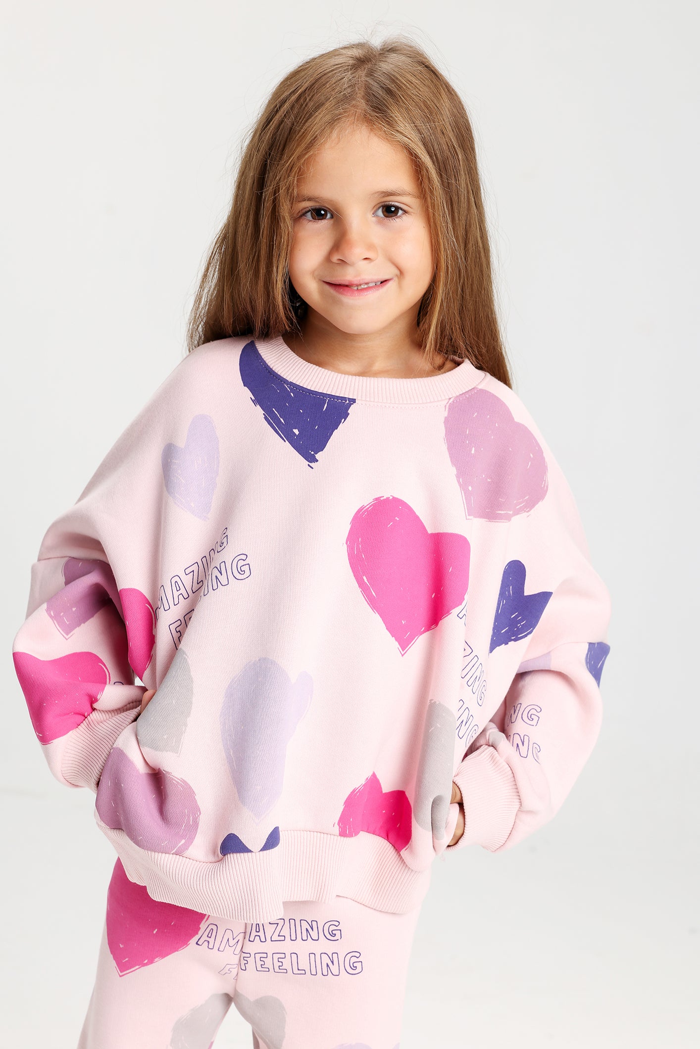 Amazing Feeling Pink Heart Print Kids Melton Tracksuit – Soft, Fun & Full of Color