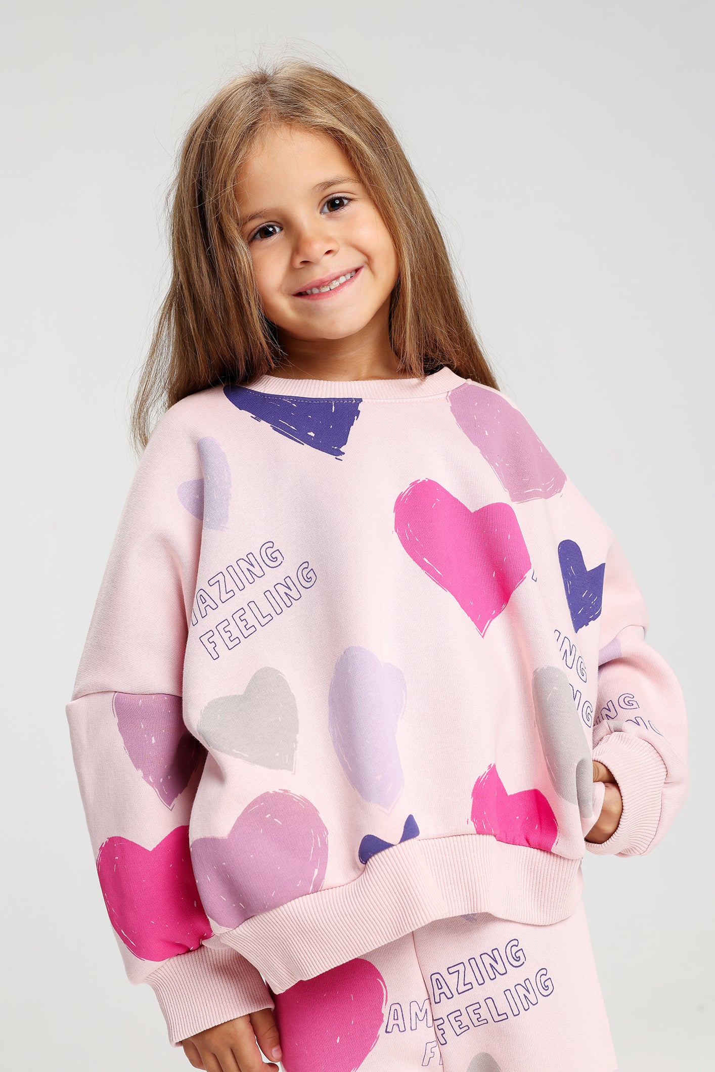 Amazing Feeling Pink Heart Print Kids Melton Tracksuit – Soft, Fun & Full of Color