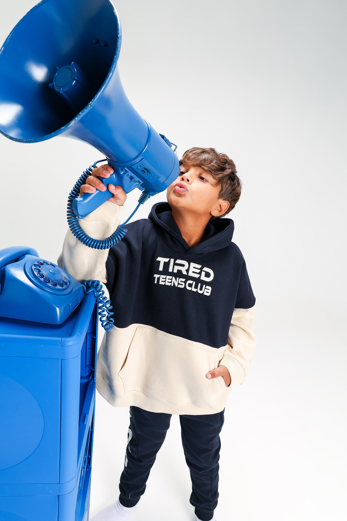 Boys’ Navy & Beige Melton Cotton Winter Tracksuit – “Tired Teens Club” Printed Hoodie & Pants Set
