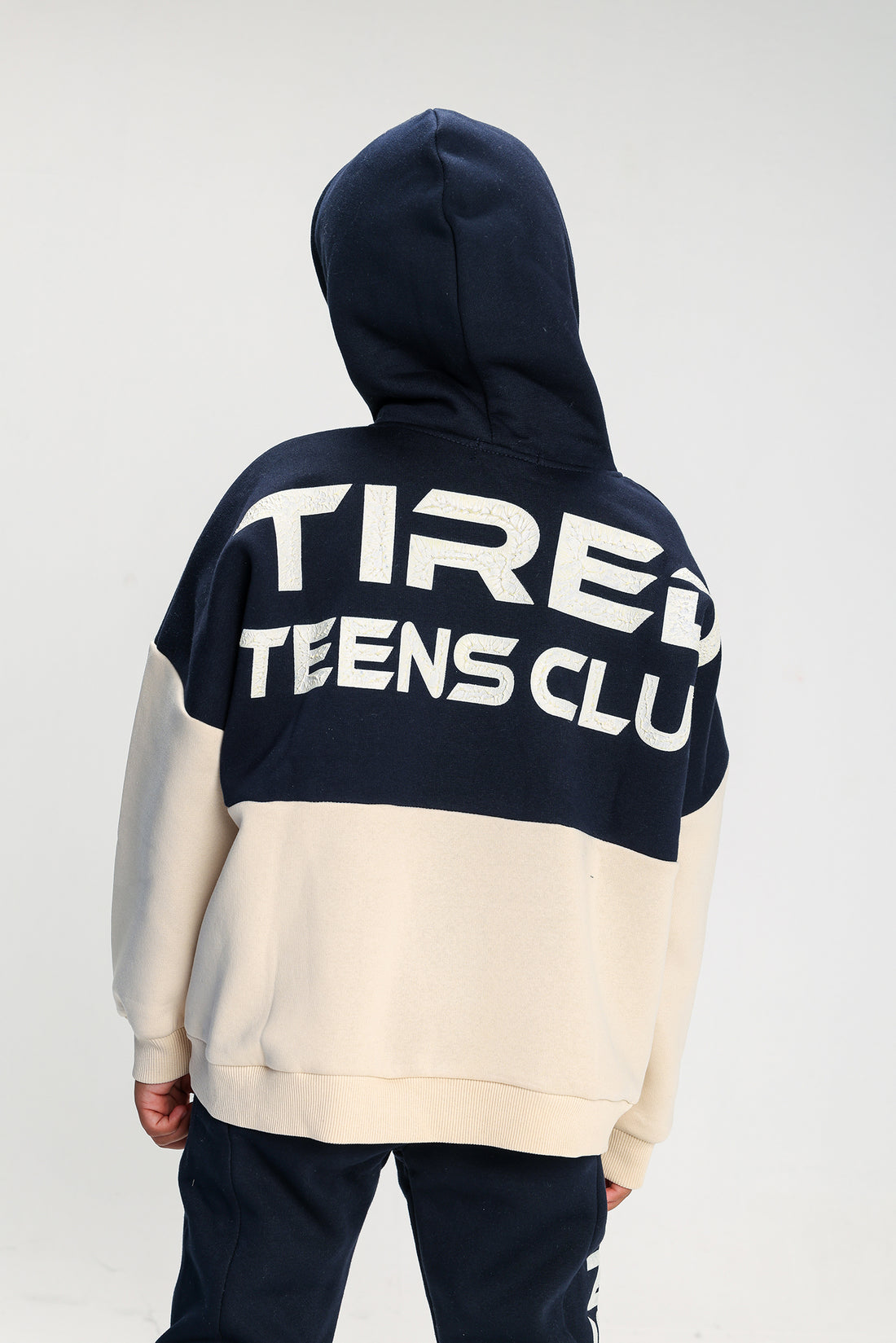 Boys’ Navy & Beige Melton Cotton Winter Tracksuit – “Tired Teens Club” Printed Hoodie & Pants Set