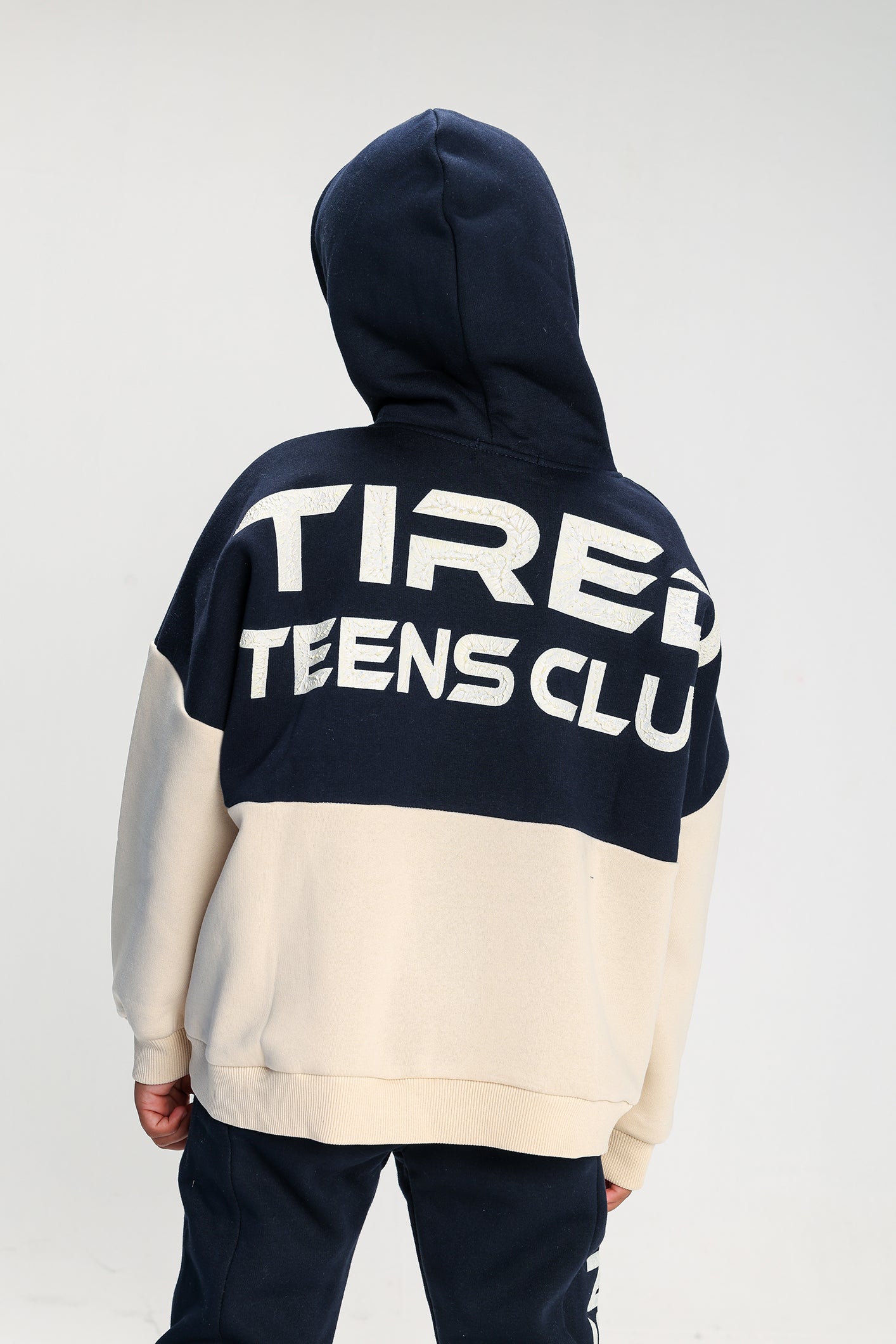Boys’ Navy & Beige Melton Cotton Winter Tracksuit – “Tired Teens Club” Printed Hoodie & Pants Set