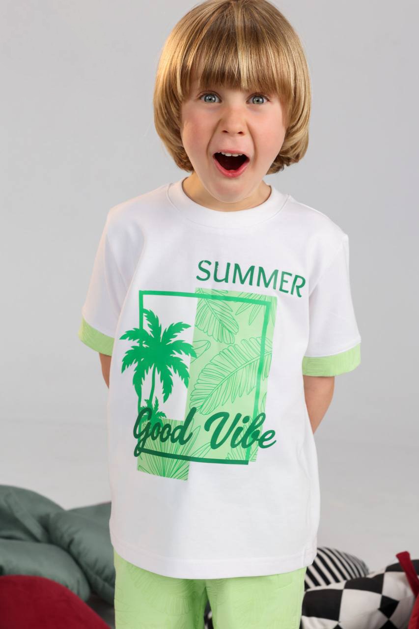 Summer Kids Fashion Set – White T-Shirt and Light Green Shorts