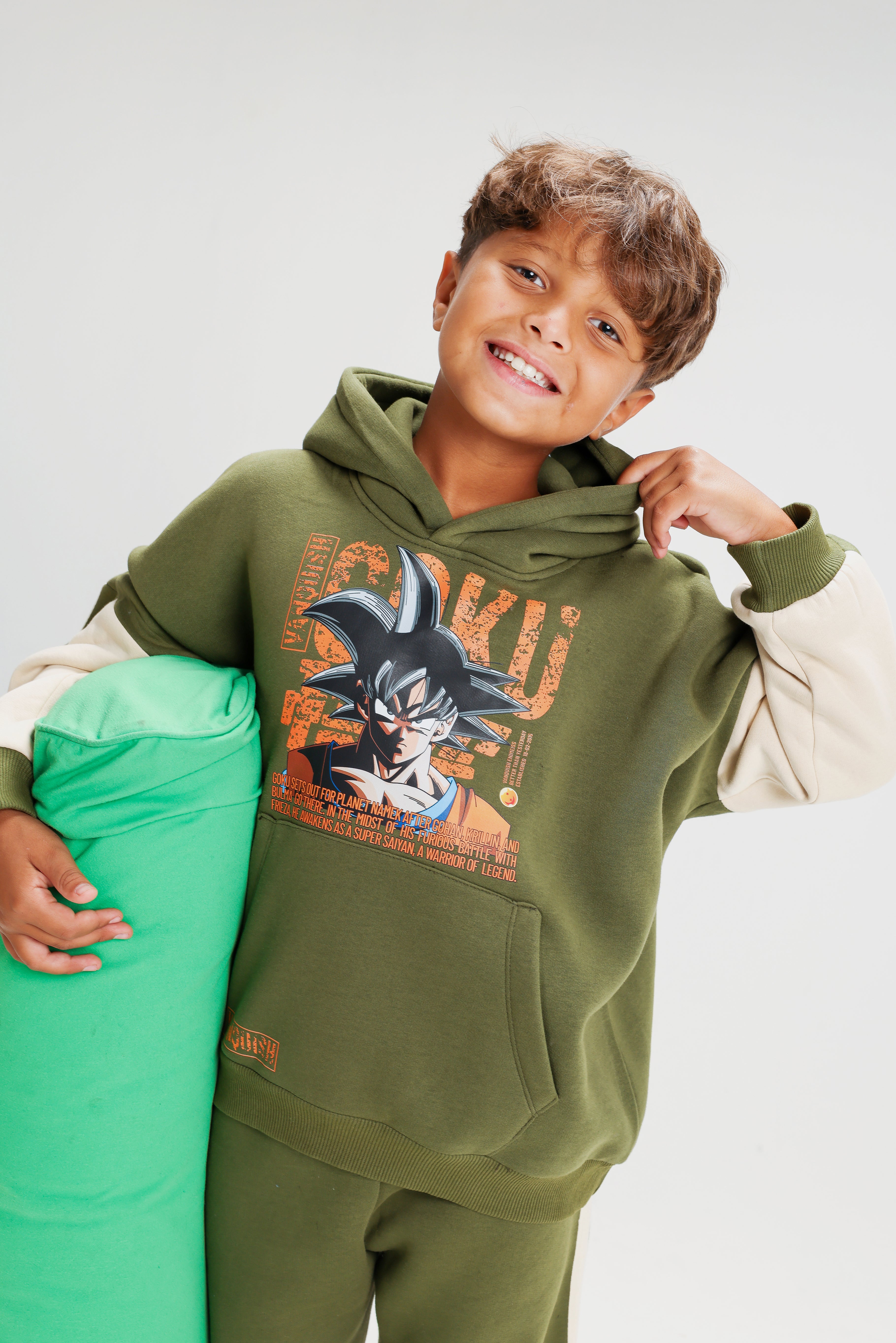 Boys’ Olive Green Melton Cotton Winter Tracksuit – Goku Printed Hoodie & Pants Set