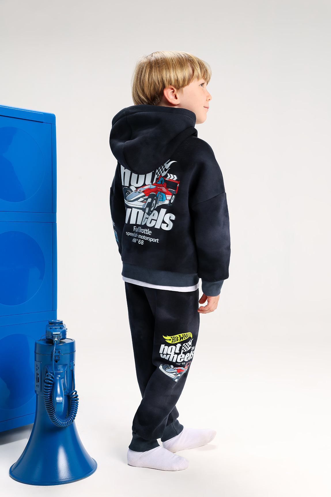 Boys’ Hot Wheels Melton  Cotton Tracksuit – 2-Piece Hoodie & Pants Set (Black)