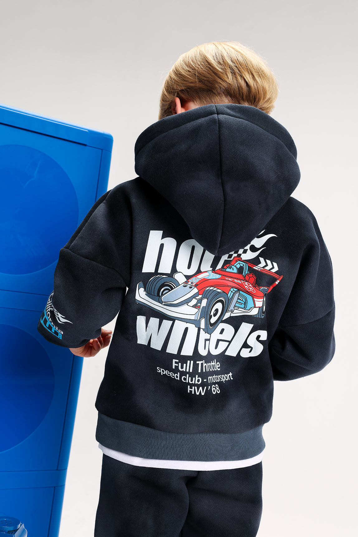 Boys’ Hot Wheels Melton  Cotton Tracksuit – 2-Piece Hoodie & Pants Set (Black)