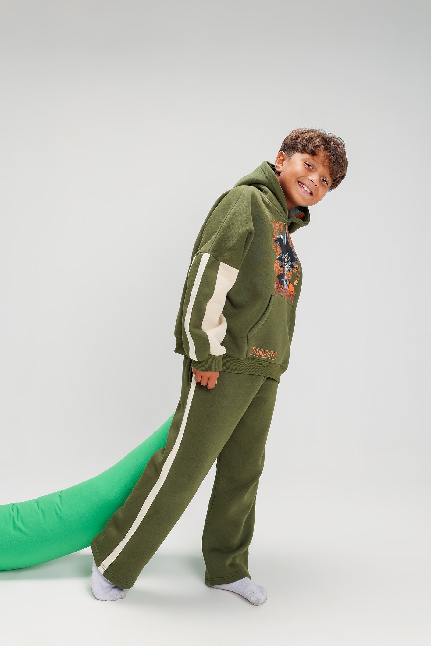 Boys’ Olive Green Melton Cotton Winter Tracksuit – Goku Printed Hoodie & Pants Set