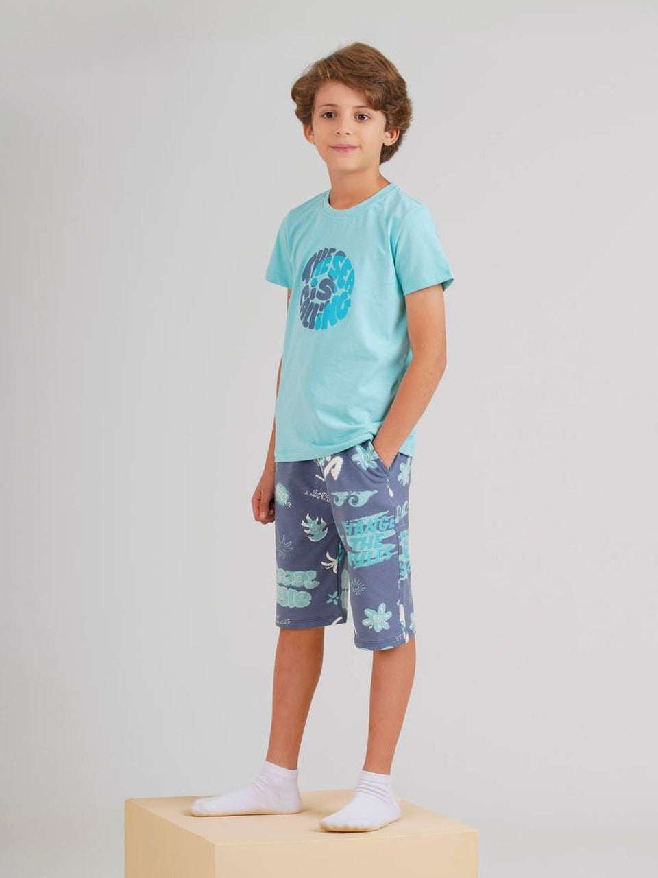 Boys Chill Vibes Summer Set – Aqua Tee & Printed Shorts