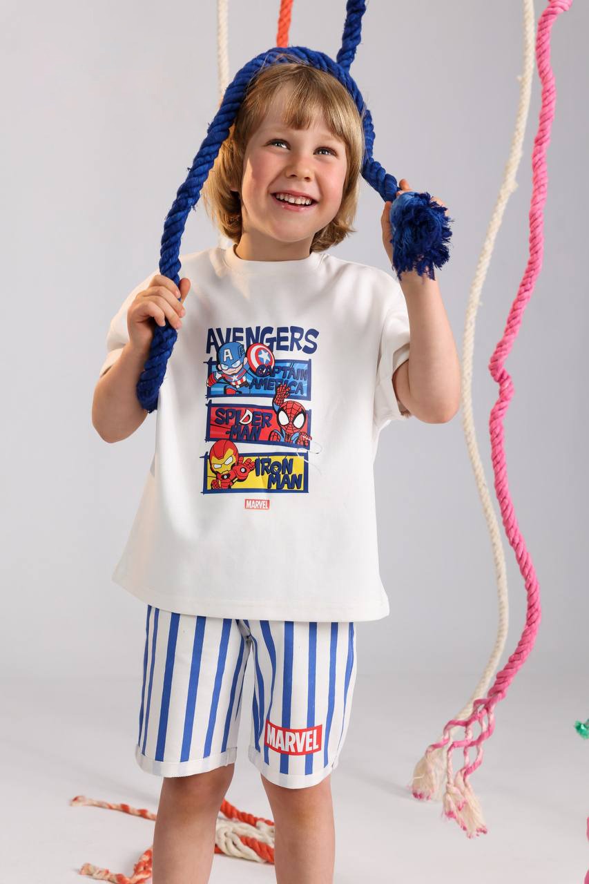 Marvel Avengers Kids Summer Set – White T-Shirt & Blue Striped Shorts
