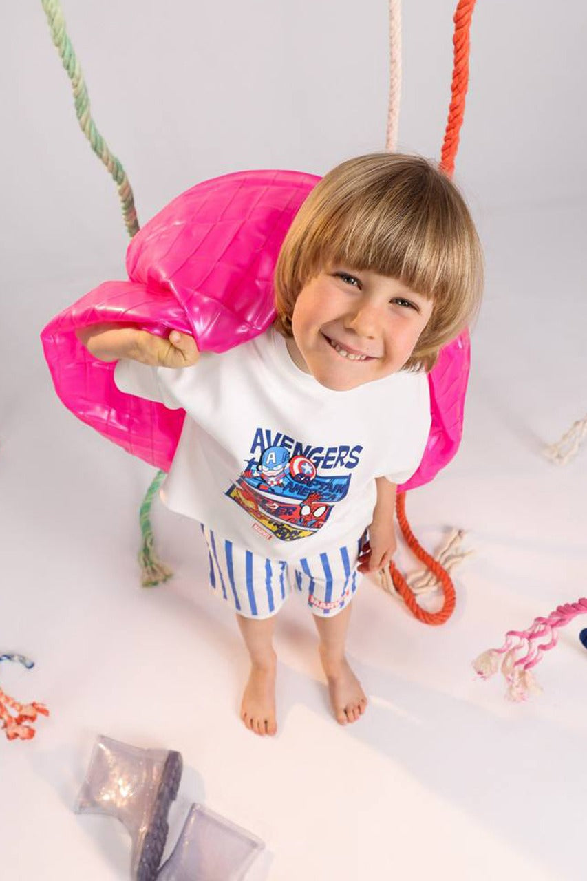 Marvel Avengers Kids Summer Set – White T-Shirt & Blue Striped Shorts