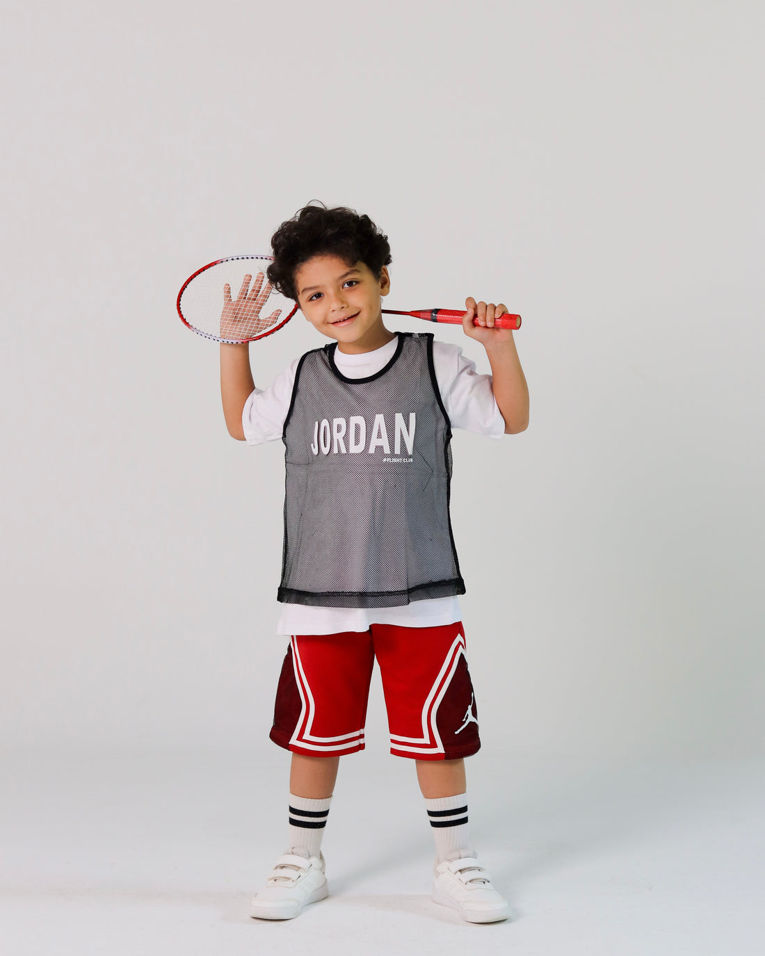 Jordan Basketball Boys' Set – Mesh Tank Over White Tee & Red Shorts