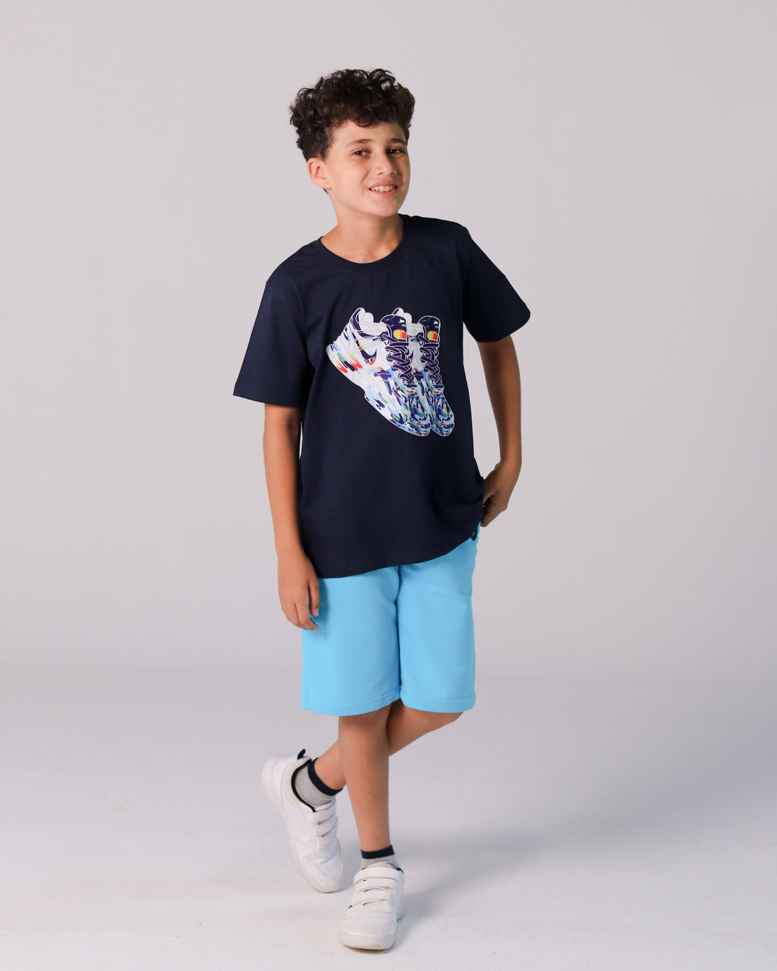 Boys' Black T-Shirt with Colorful Sneaker Print & Cyan Nike Shorts Set