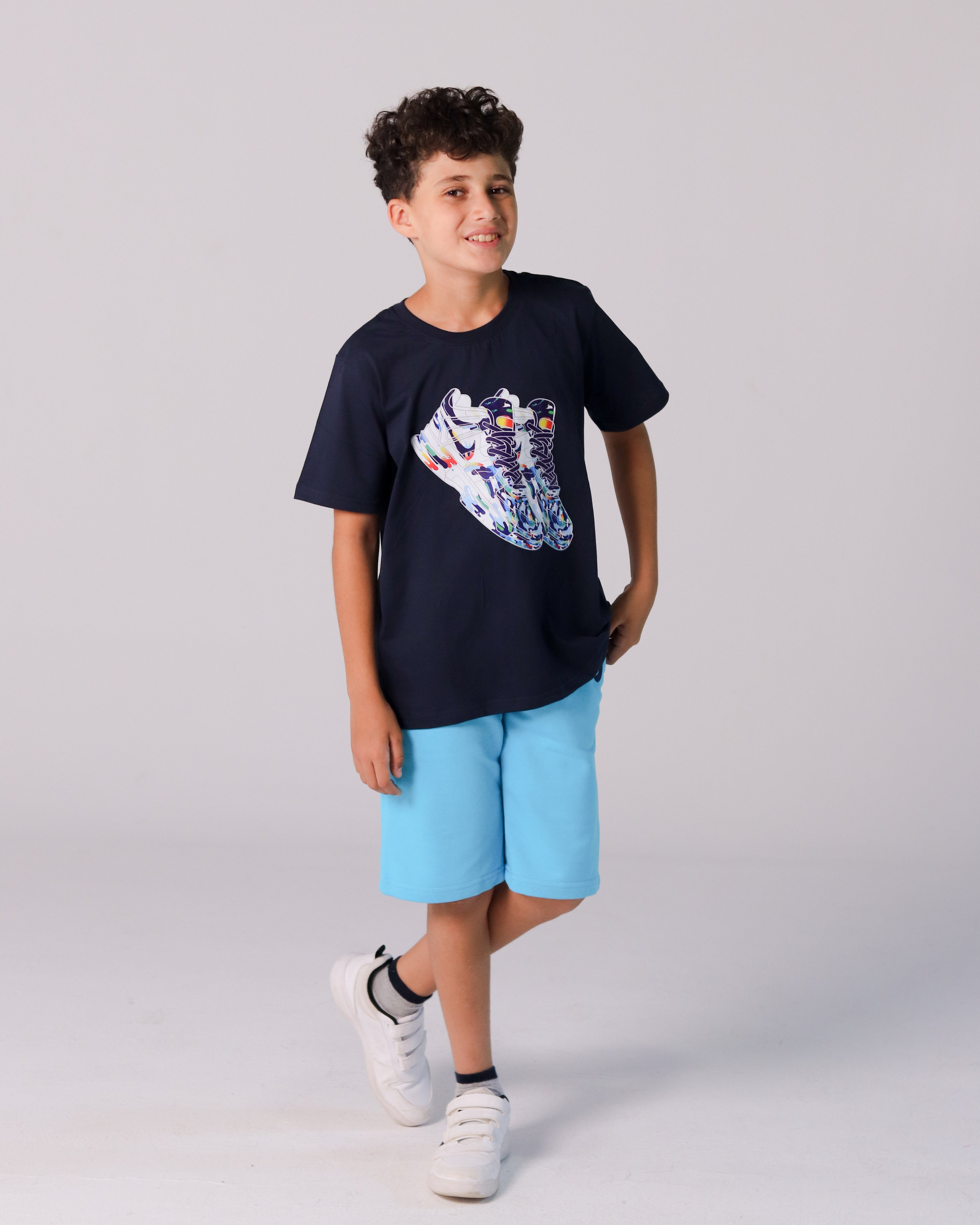 Boys' Black T-Shirt with Colorful Sneaker Print & Cyan Nike Shorts Set