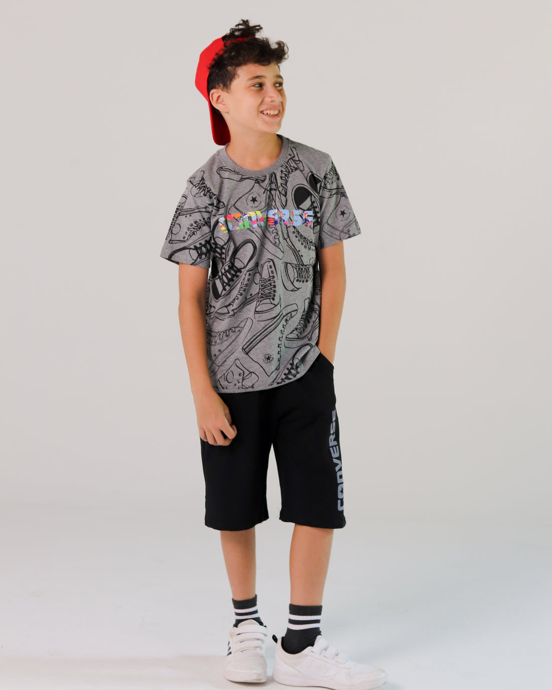 Boys’ Converse Graphic Sports Set – Grey Tee & Black Shorts for Basketball & Play
