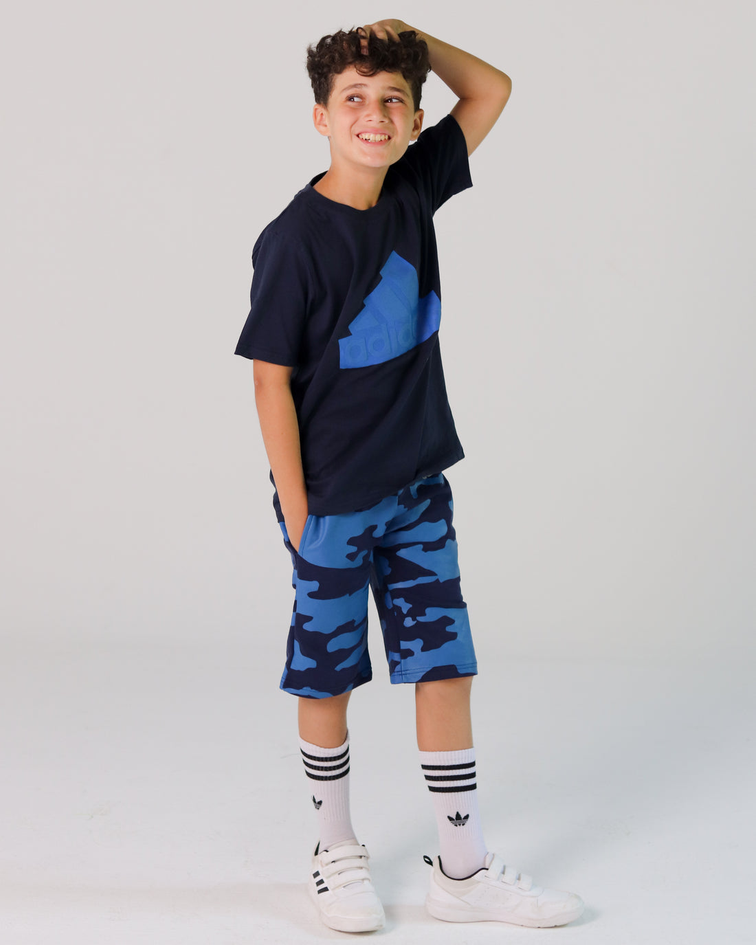 Adidas Boys’ Sport Set – Black Tee with Blue Logo & Camo Shorts