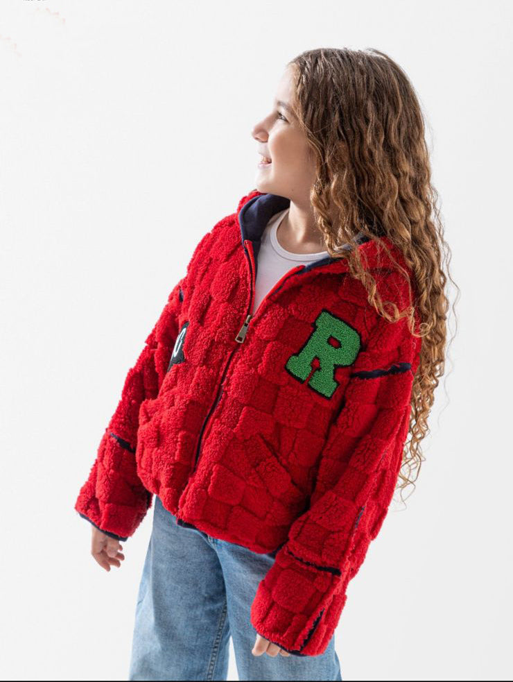 Red Furry Check Jacket with Letter Patch – Cozy & Trendy Winter Style