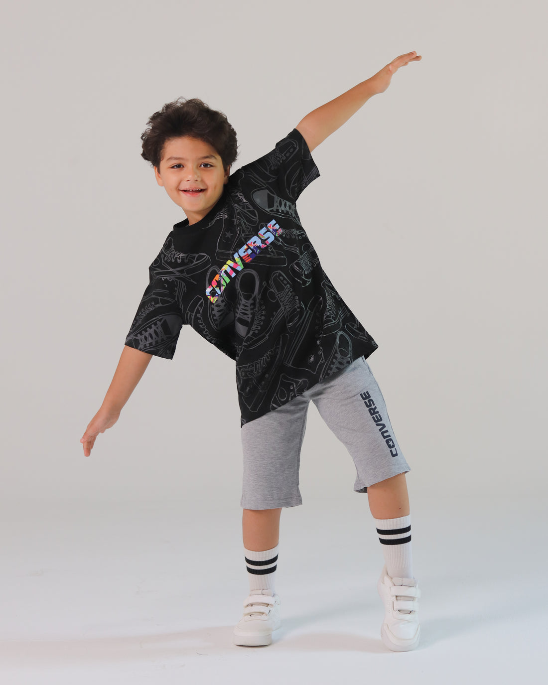 Boys’ Converse Graphic Sports Set – Grey Tee & Black Shorts for Basketball & Play