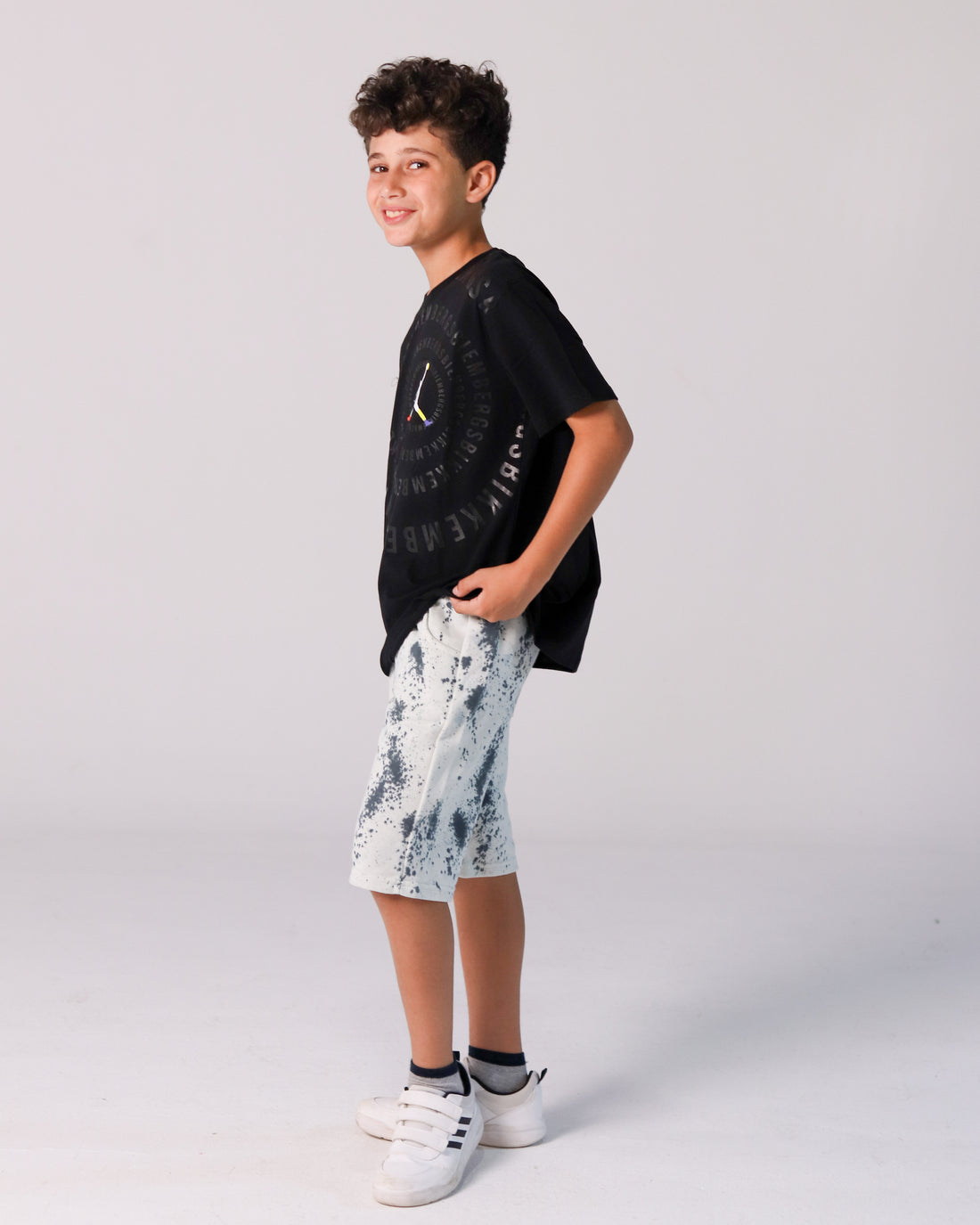 Jordan-Inspired Boys’ Summer Set – Black Tee & White Paint-Splash Shorts